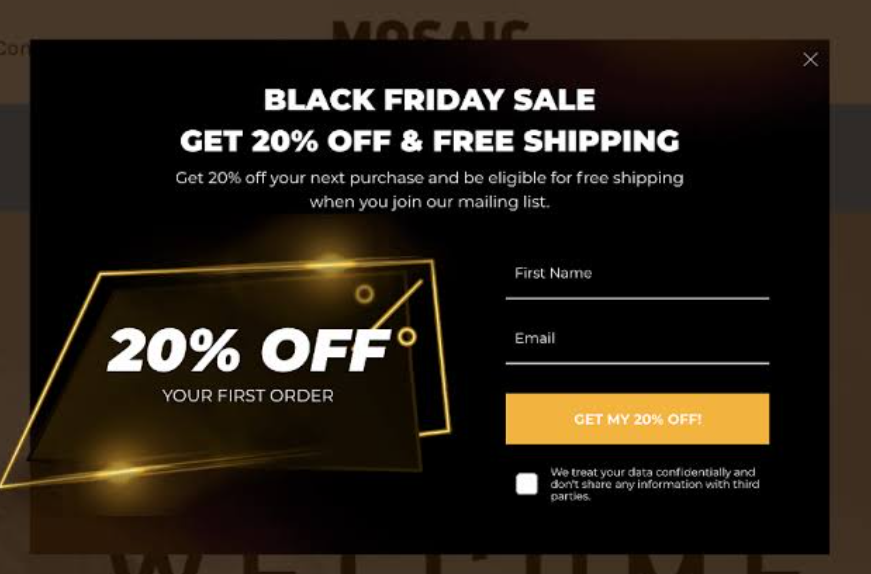 Black Friday pop up for adding people to your email list showing 20% off and free shipping to join mailing list.